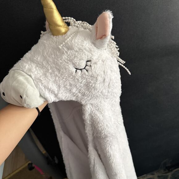Kids Unicorn Hooded Blanket Plush White Gold Horn 48” Cozy Costume Soft Gift - Picture 3 of 5